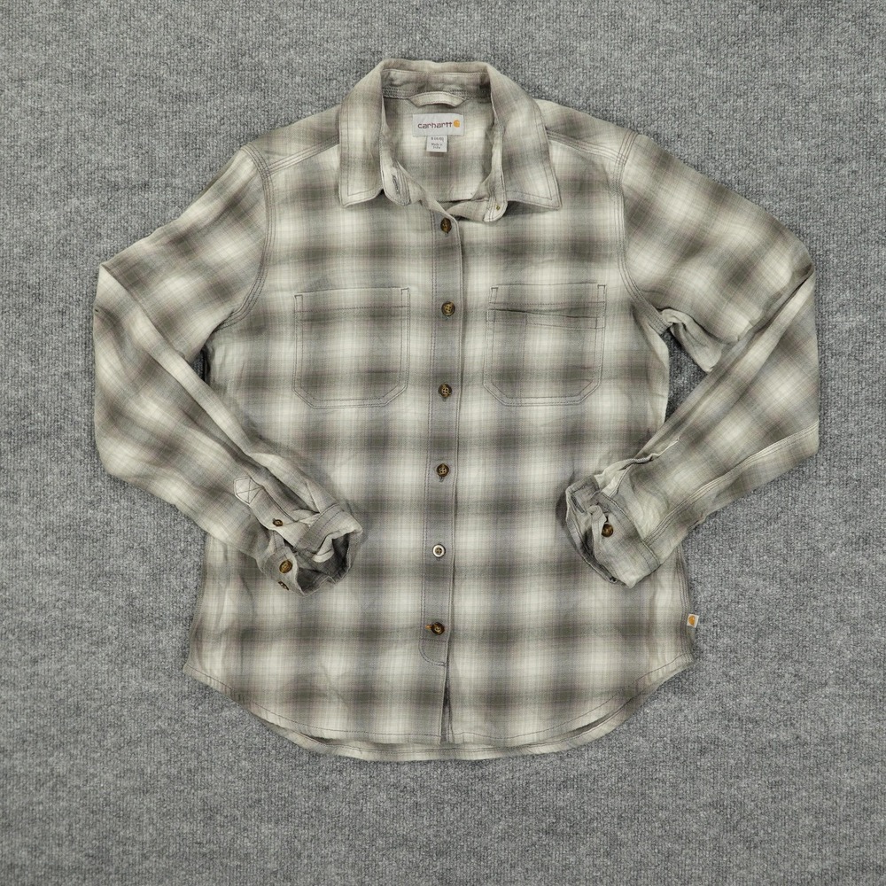 Carhartt Shirt Womens Small Gray Plaid‎ Button Front Stretch Long Sleeve Flannel